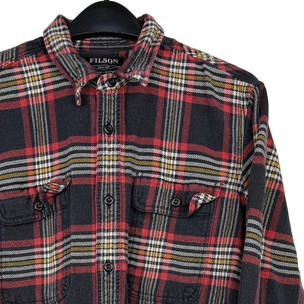 Filson Vintage Flannel Work Shirt Mens Large 100% Cotton Twill Black Red Plaid